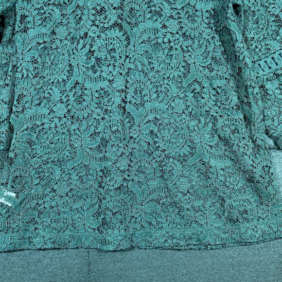 LOFT Womens Blouse Green Floral Lace Bell Sleeve Crochet Sheer Stretch XS - Picture 5 of 16